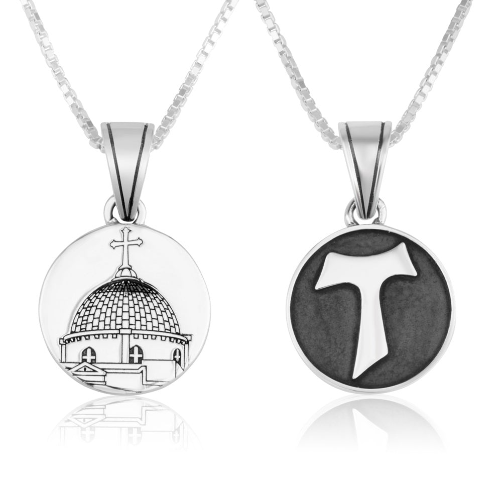 Holy Sepulchre and Tau cross double-sided pendant necklace in 925 sterling silver by Marina Jewelry