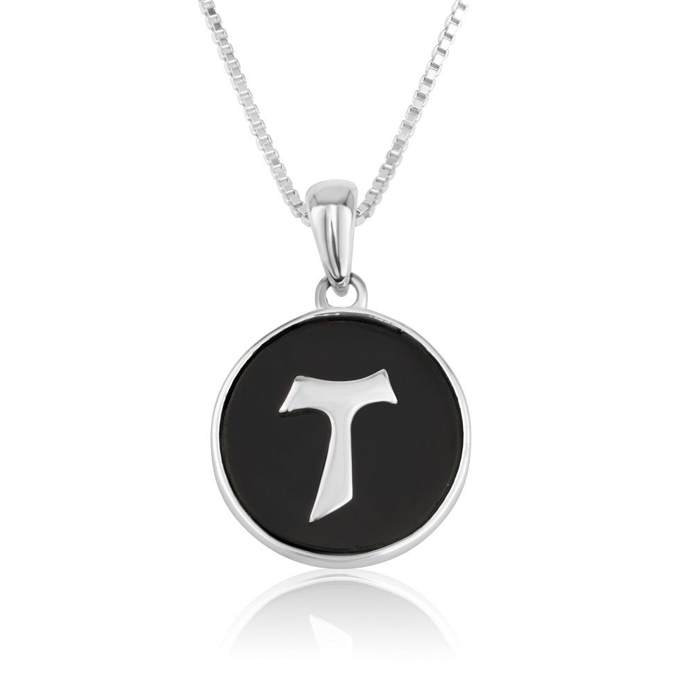 Tau cross onyx coin pendant necklace in 925 sterling silver by Marina Jewelry