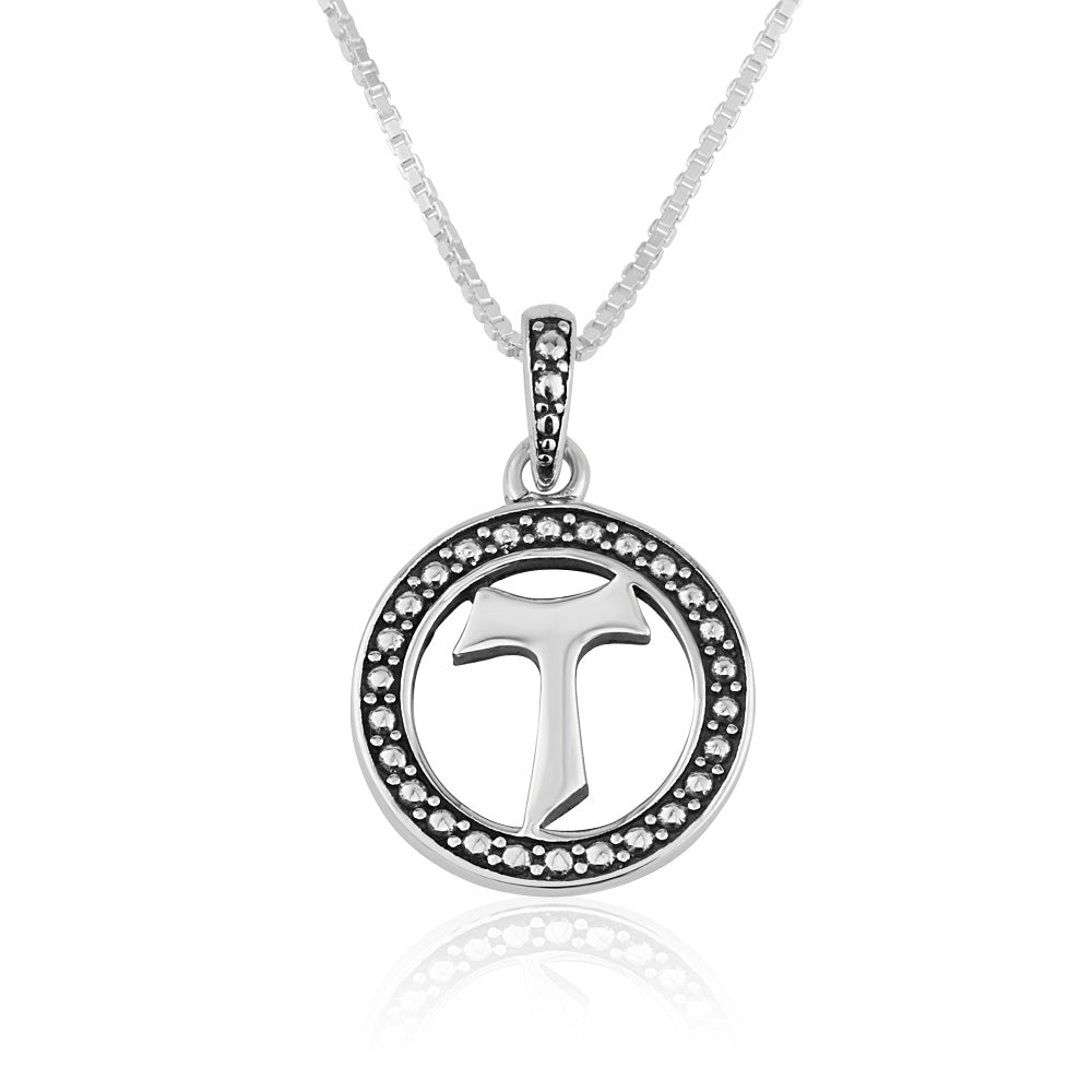 Tau cross CZ halo pendant necklace in 925 sterling silver by Marina Jewelry