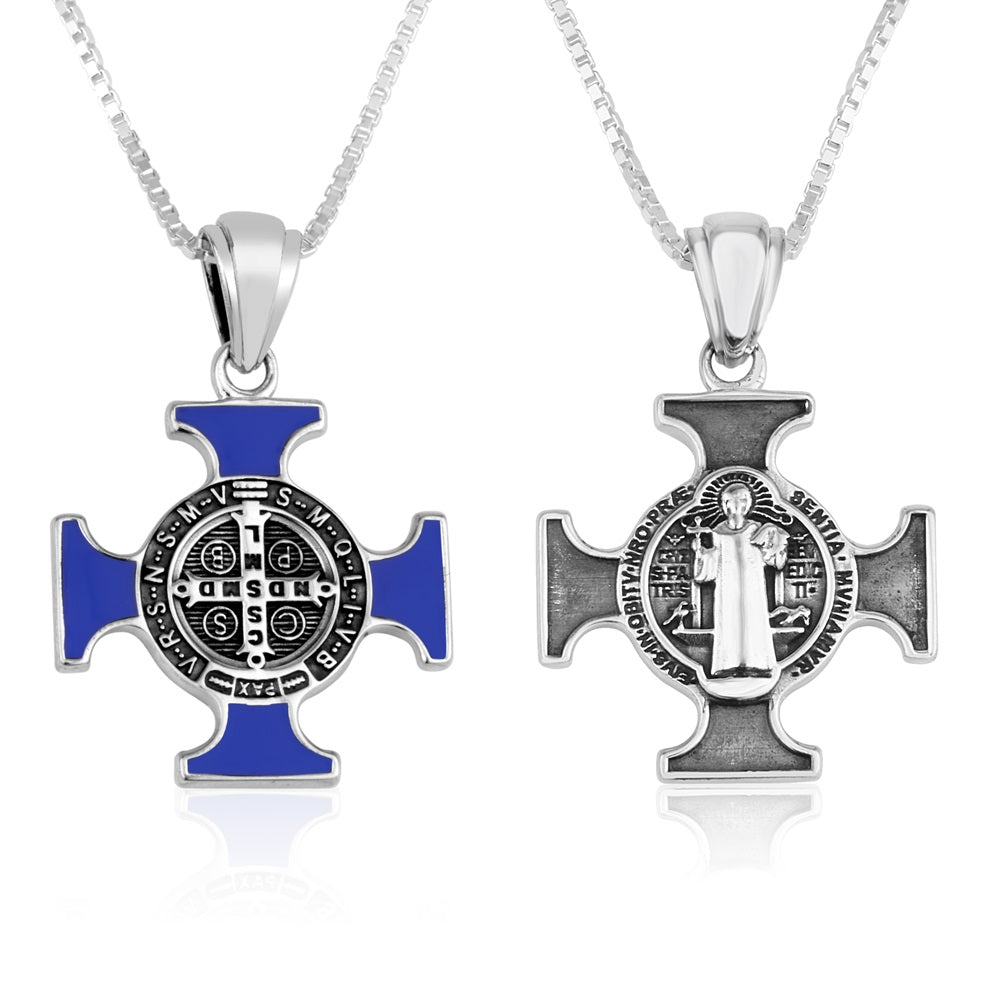 Saint Benedict cross pendant necklace in 925 sterling silver with blue enamel by Marina Jewelry
