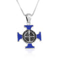 Saint Benedict Cross Pendant Necklace in 925 Sterling Silver, Blue Enamel