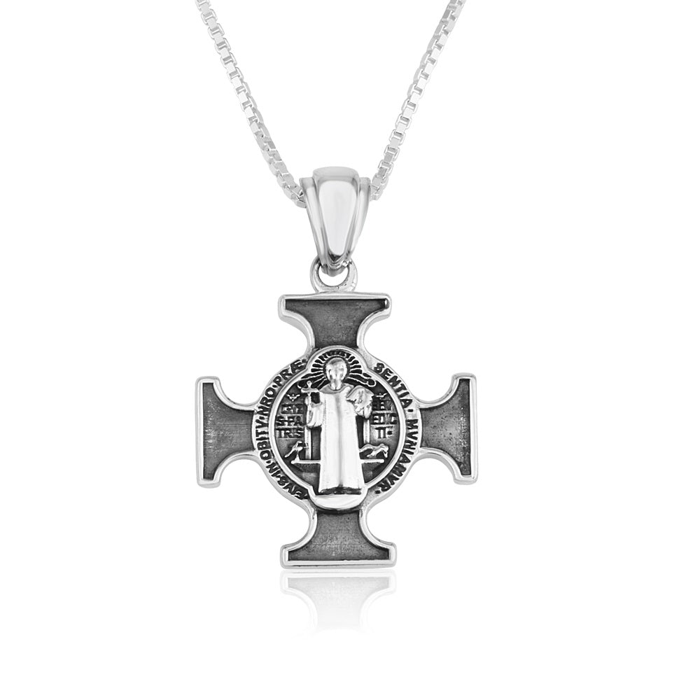 Saint Benedict Cross Pendant Necklace in 925 Sterling Silver, Blue Enamel – back view