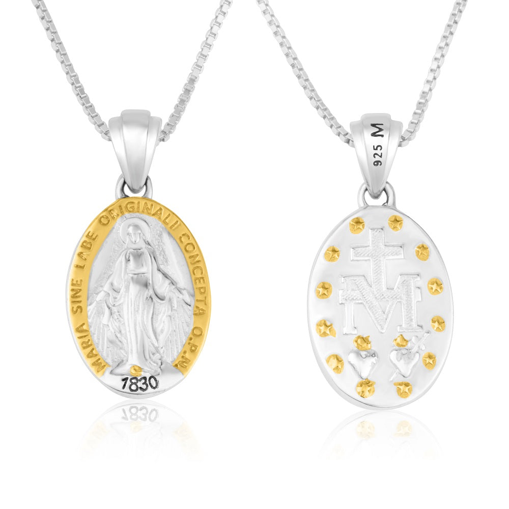 Miraculous Medal pendant necklace in 925 sterling silver with gold frame accents by Marina Jewelry