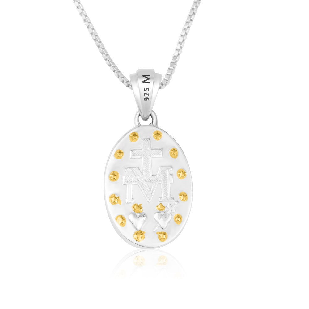 Miraculous Medal Pendant Necklace in 925 Sterling Silver, Gold Frame – back view