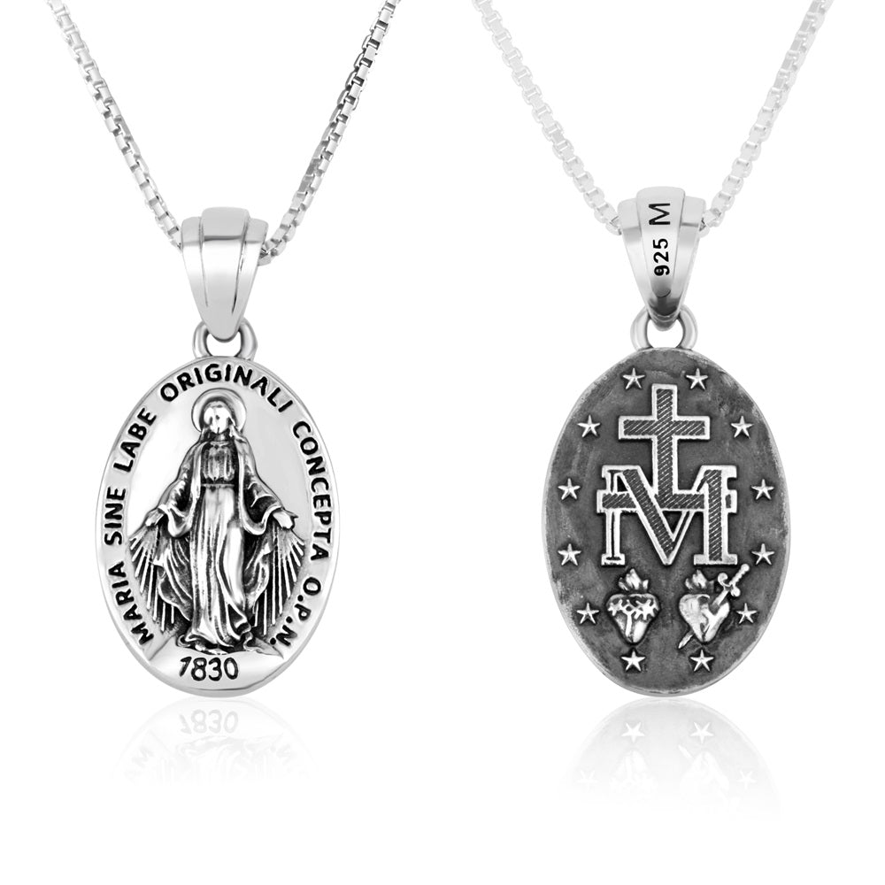 Miraculous Medal pendant necklace in oxidized 925 sterling silver by Marina Jewelry