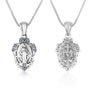 Miraculous Medal pendant necklace in oxidized 925 sterling silver with blue stone accents by Marina Jewelry