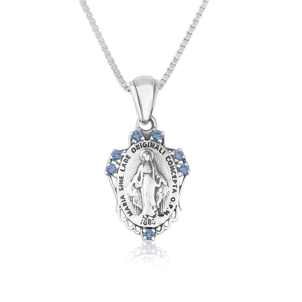 Miraculous Medal Pendant Necklace, Light Blue Stones, Oxidized 925 Sterling Silver