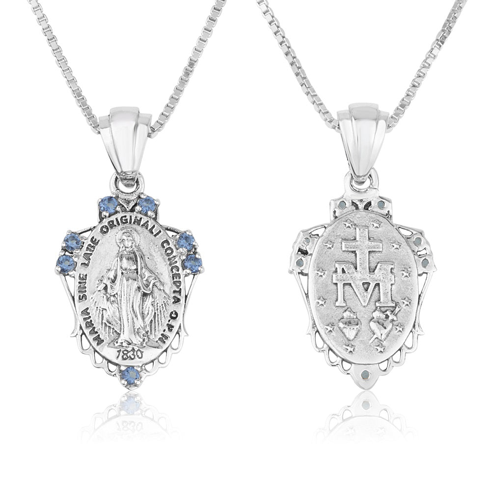 Miraculous Medal pendant necklace in polished 925 sterling silver with blue stone accents by Marina Jewelry