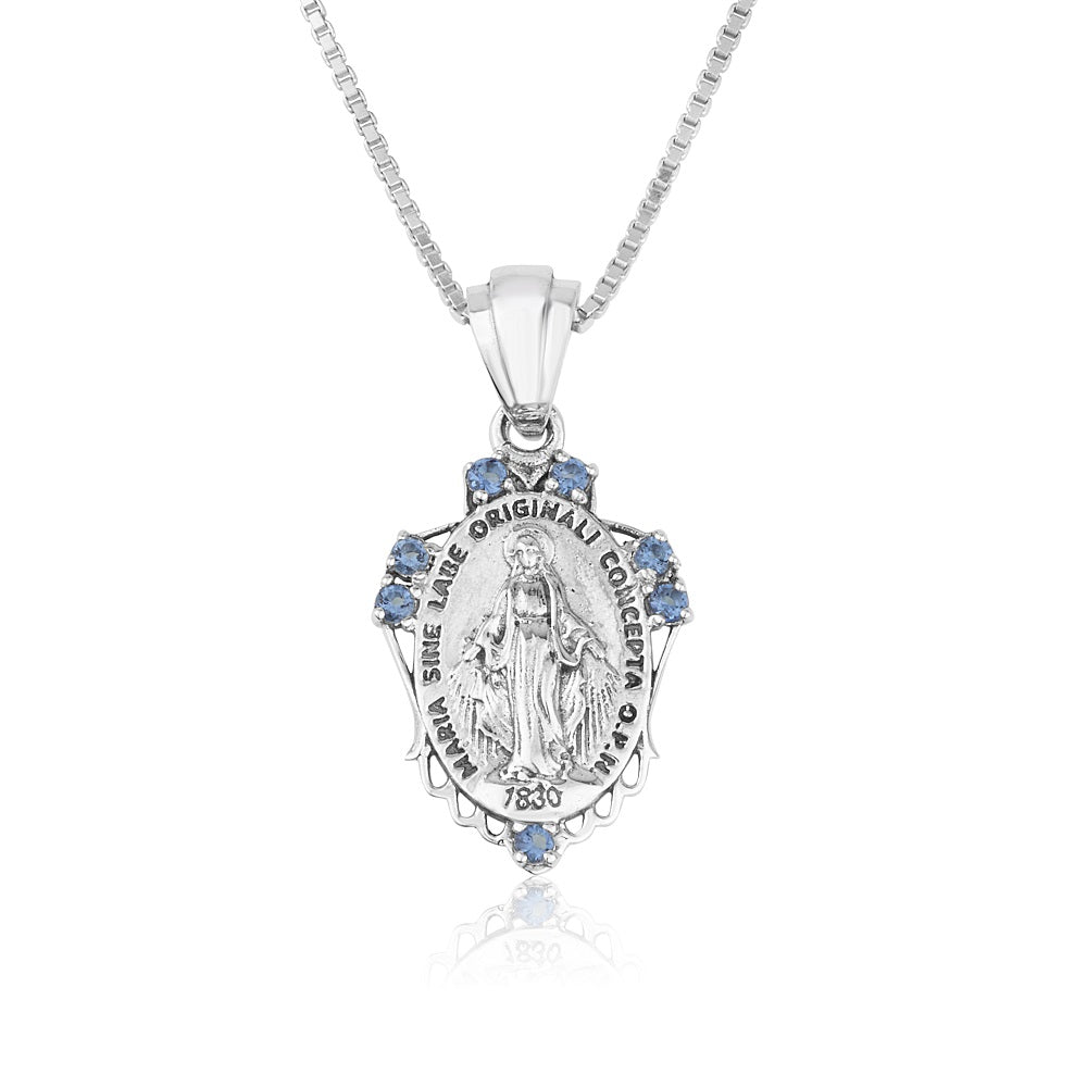 Miraculous Medal Pendant Necklace in Polished 925 Sterling Silver, Ornate Frame