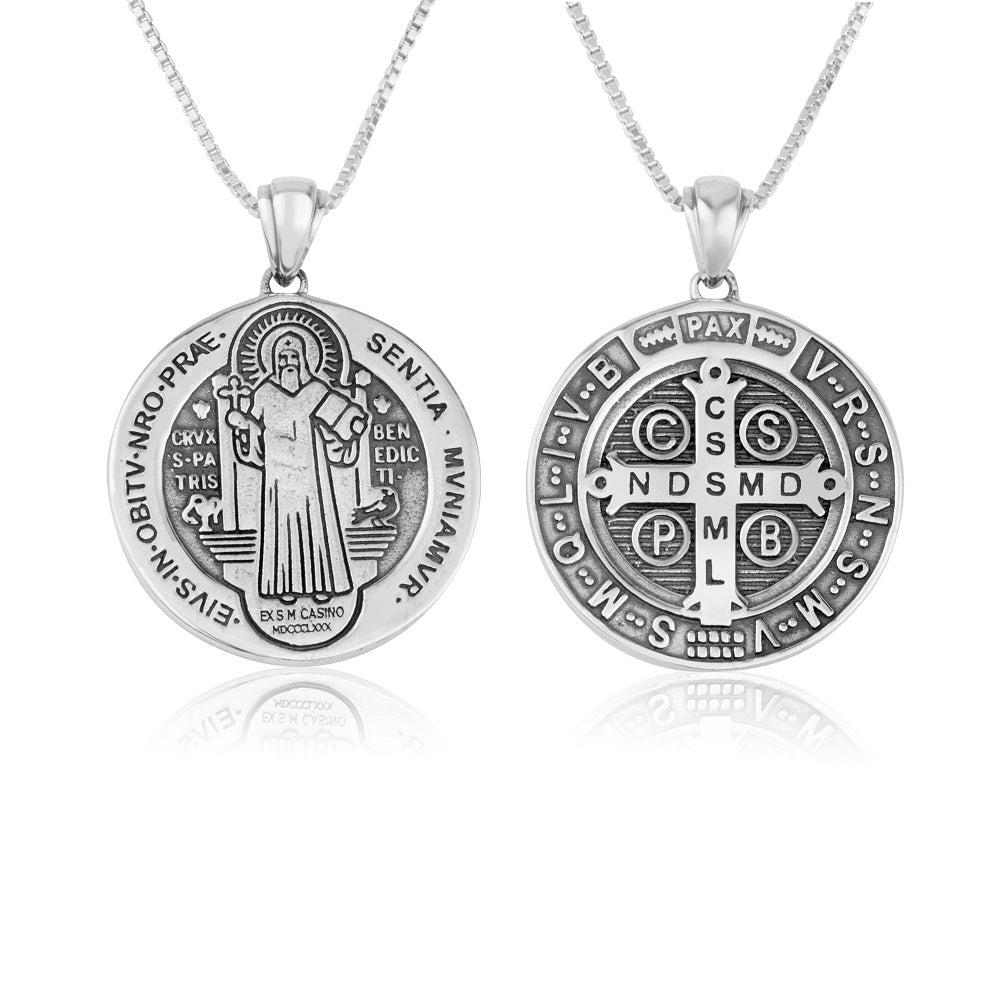 Saint Benedict Medal pendant necklace, large, in oxidized 925 sterling silver by Marina Jewelry