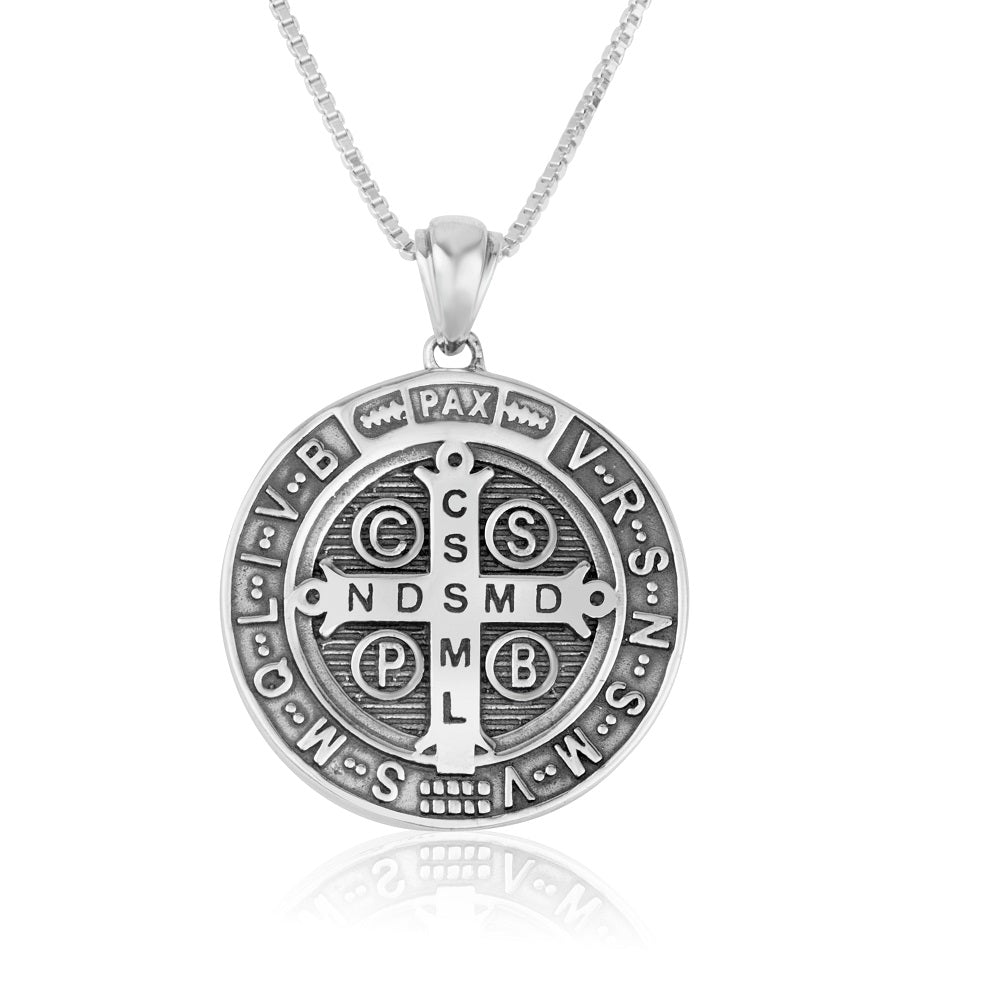 Saint Benedict Medal Pendant Necklace in Oxidized 925 Sterling Silver, Large – back view
