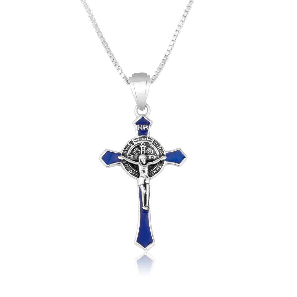 Saint Benedict Crucifix Pendant Necklace in 925 Sterling Silver, Blue Enamel