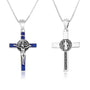 Saint Benedict Latin cross pendant necklace in 925 sterling silver with blue enamel by Marina Jewelry