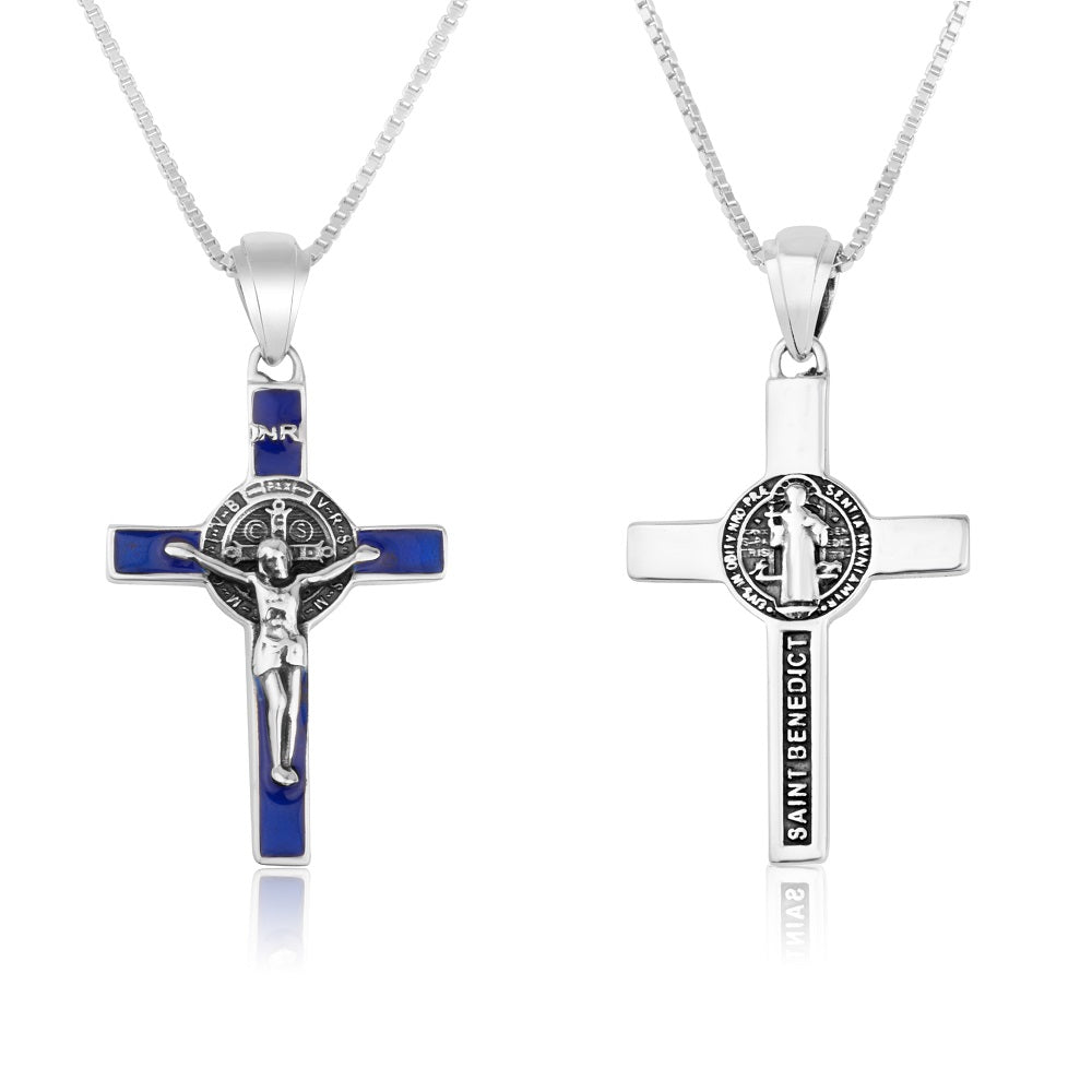 Saint Benedict Latin cross pendant necklace in 925 sterling silver with blue enamel by Marina Jewelry