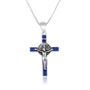 Saint Benedict Latin Cross Pendant Necklace in 925 Sterling Silver, Blue Enamel