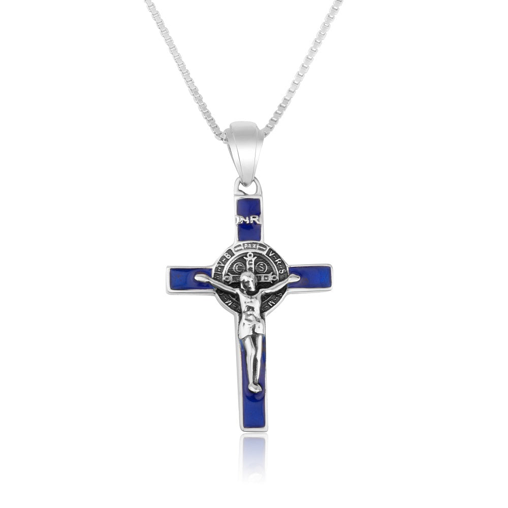 Saint Benedict Latin Cross Pendant Necklace in 925 Sterling Silver, Blue Enamel