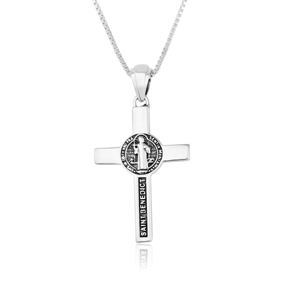 Saint Benedict Latin Cross Pendant Necklace in 925 Sterling Silver, Blue Enamel – back view