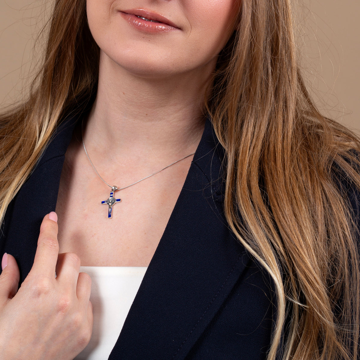 Saint Benedict Latin Cross Pendant Necklace in 925 Sterling Silver, Blue Enamel – shown worn