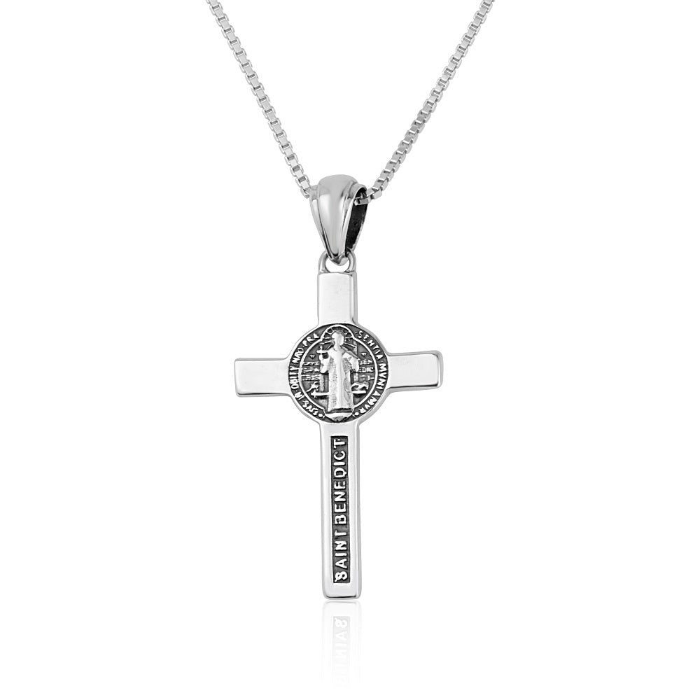 Saint Benedict Crucifix Pendant Necklace in Oxidized 925 Sterling Silver – back view
