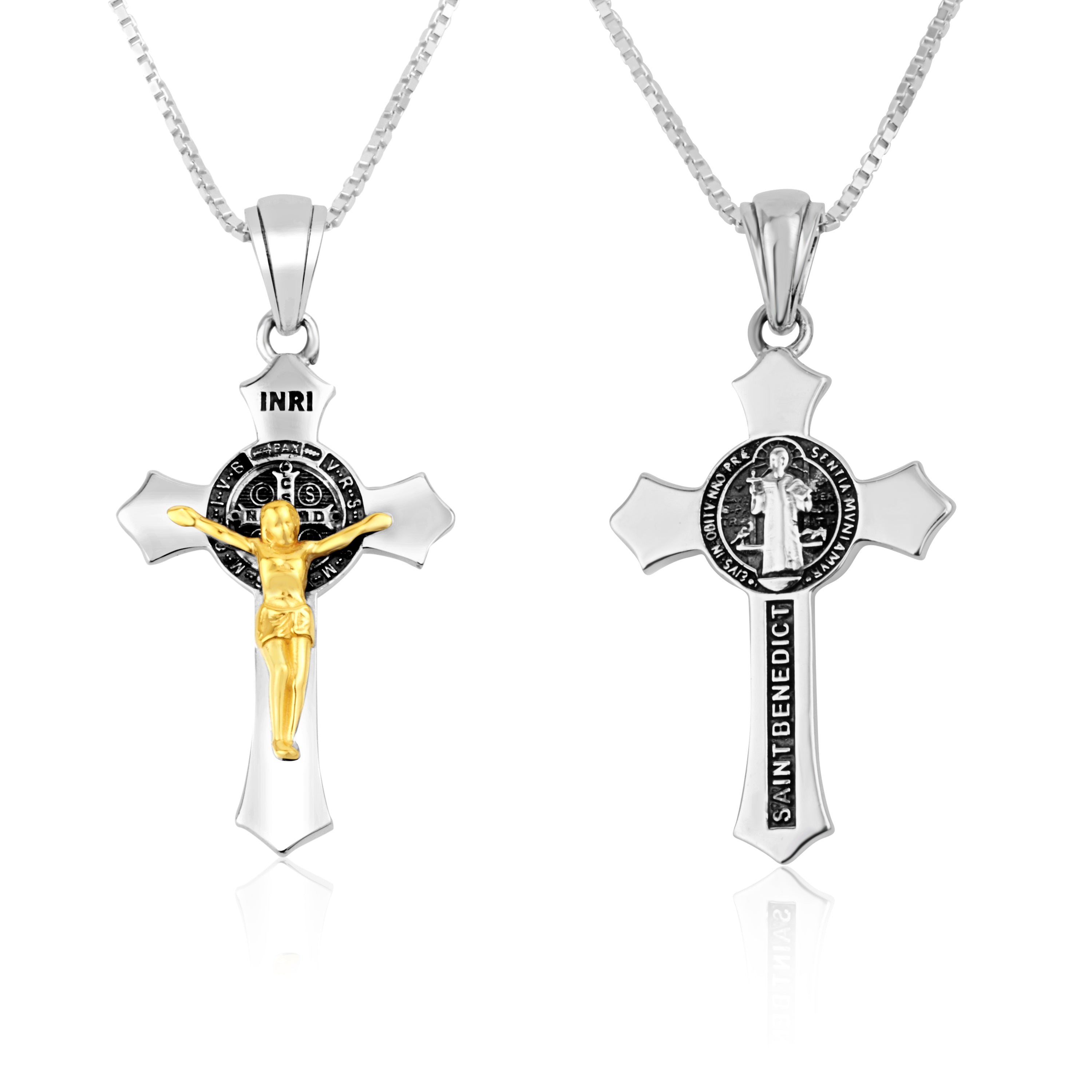 Two-tone Saint Benedict crucifix pendant necklace in gold-plated 925 sterling silver by Marina Jewelry