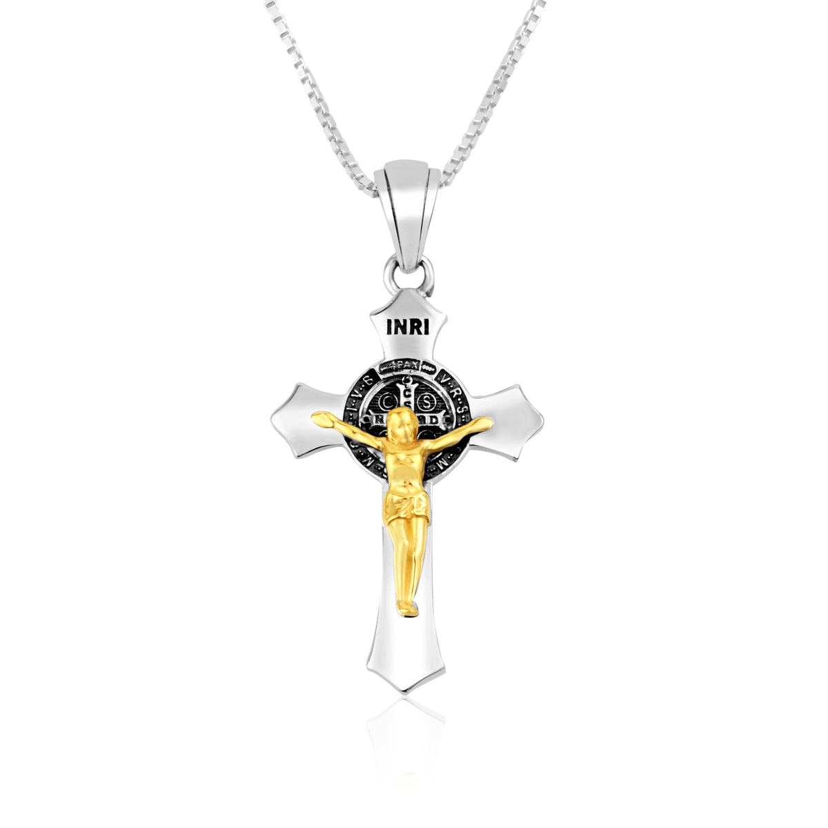 Two-Tone Saint Benedict Crucifix Pendant Necklace in Gold-Plated 925 Sterling Silver