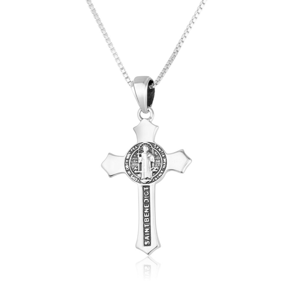 Saint Benedict Crucifix Pendant Necklace in 925 Sterling Silver, Ornate – back view