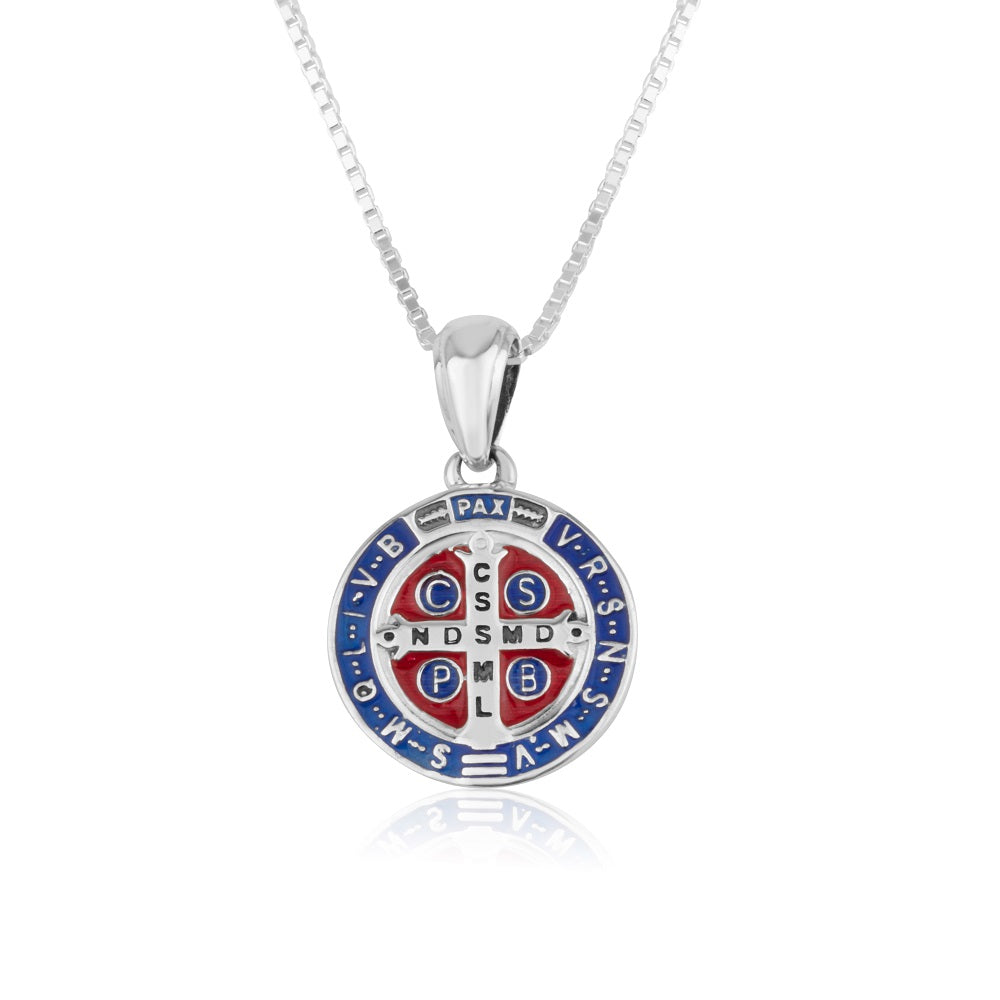 Saint Benedict Medal pendant necklace, small, in 925 sterling silver with blue and red enamel by Marina Jewelry