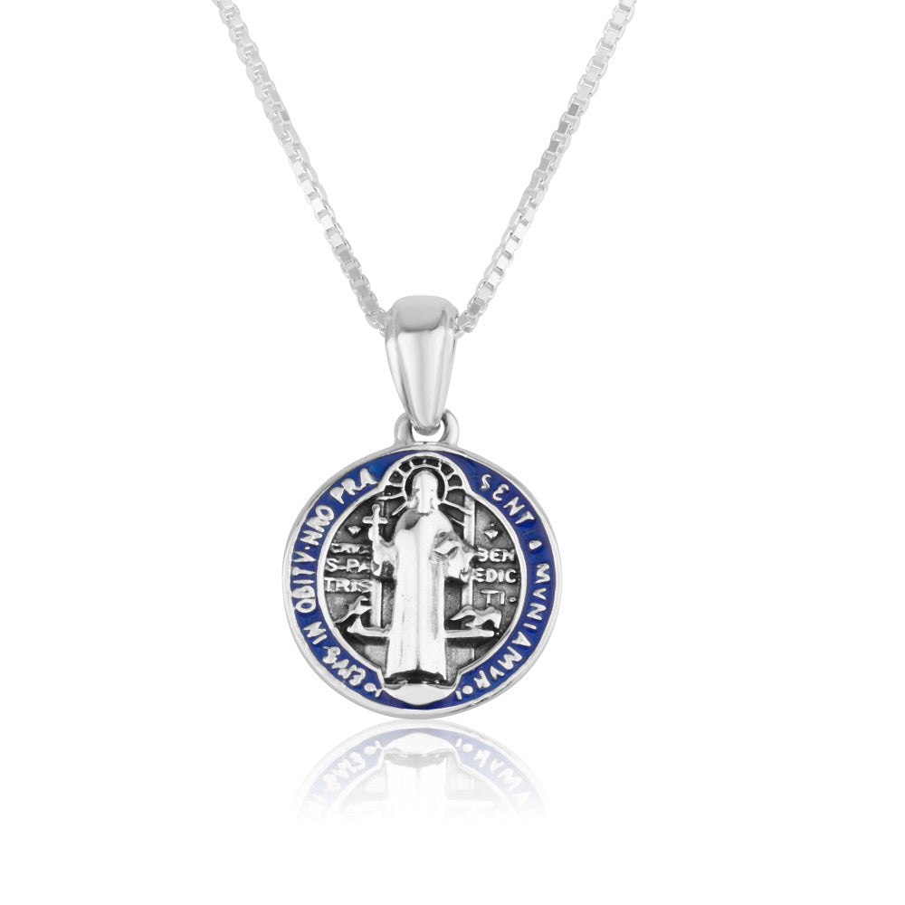 Saint Benedict Medal Pendant Necklace in 925 Sterling Silver, Small, Blue & Red Enamel – back view