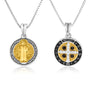 Two-tone Saint Benedict Medal pendant necklace in 925 sterling silver with gold accents by Marina Jewelry