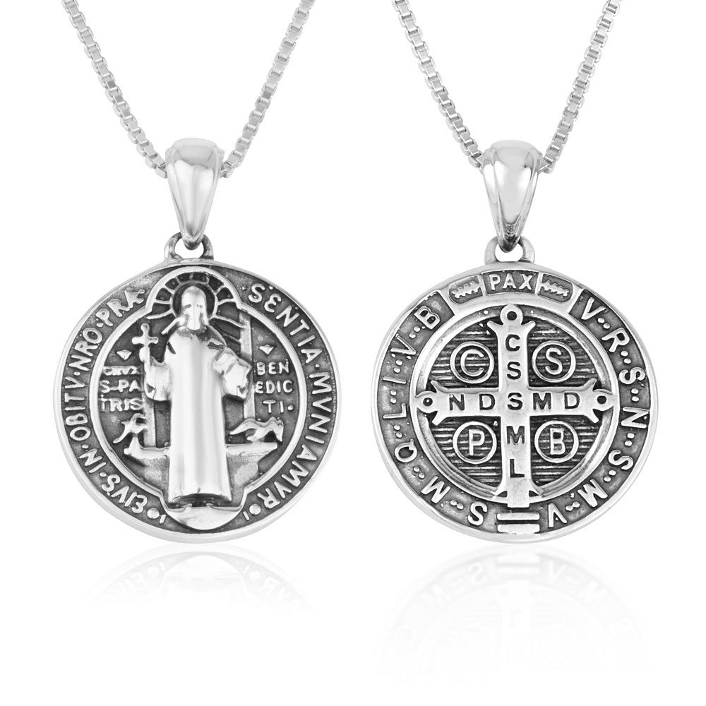 Saint Benedict Medal pendant necklace, large, in polished 925 sterling silver by Marina Jewelry