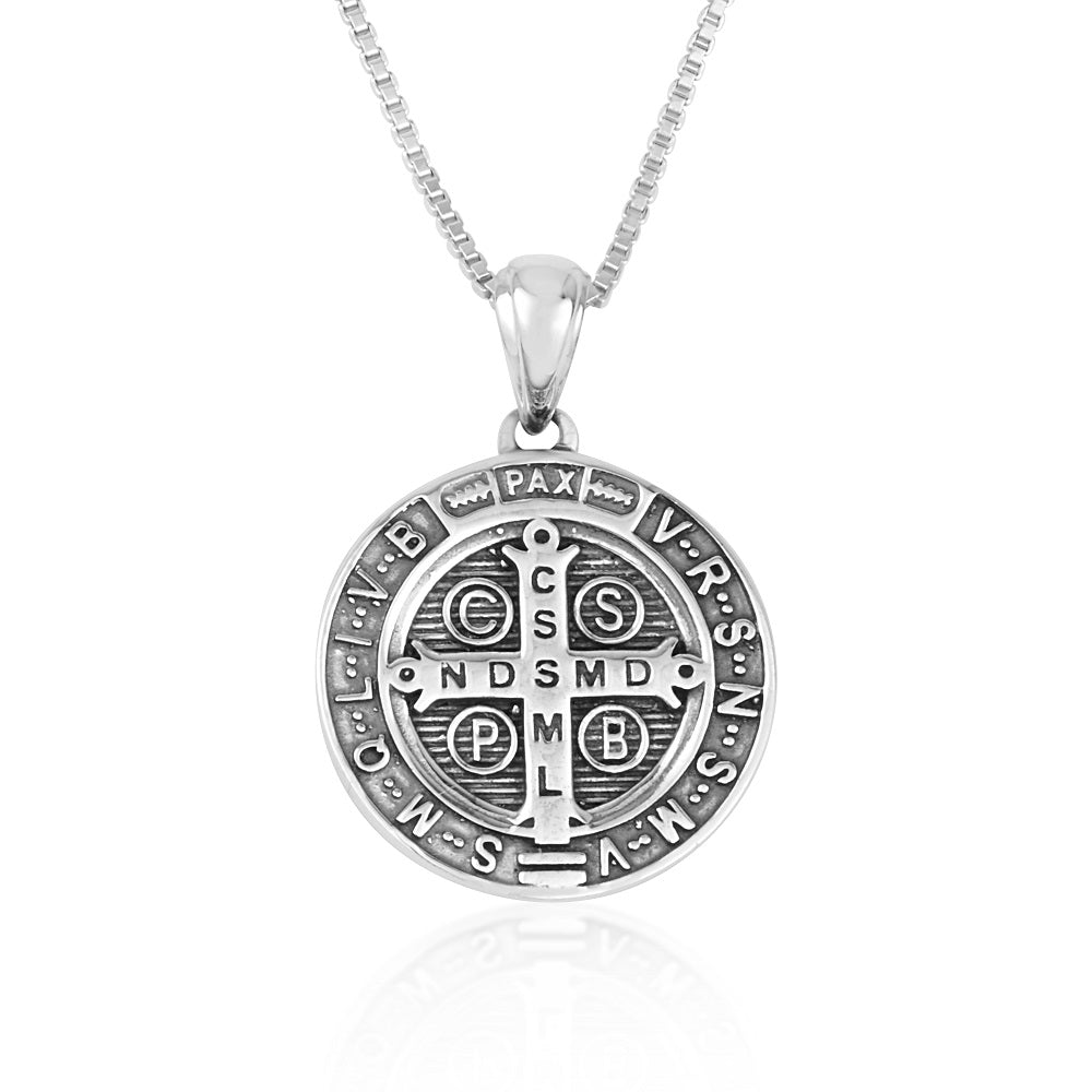 Saint Benedict Medal Pendant Necklace in 925 Sterling Silver, Large – back view