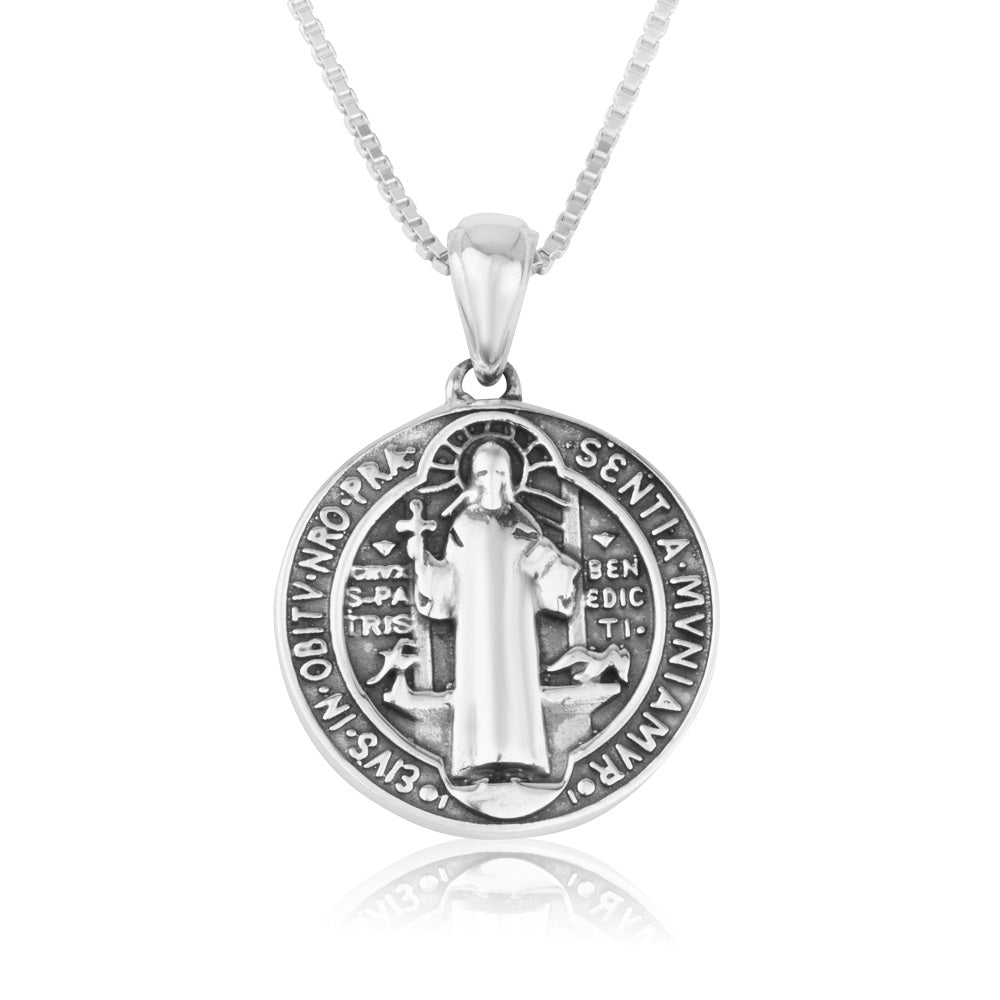 Saint Benedict Medal Pendant Necklace in 925 Sterling Silver, Large