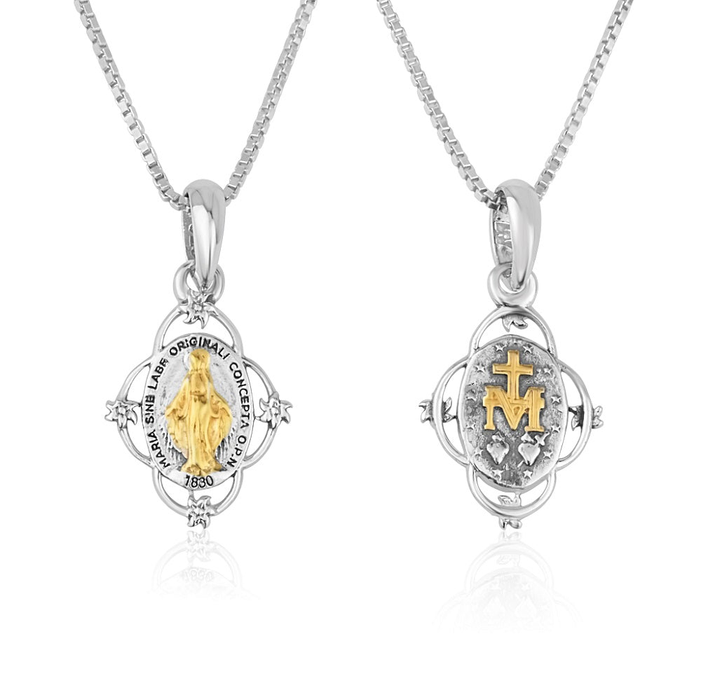 Two-tone Miraculous Medal pendant necklace in 925 sterling silver with gold accents by Marina Jewelry