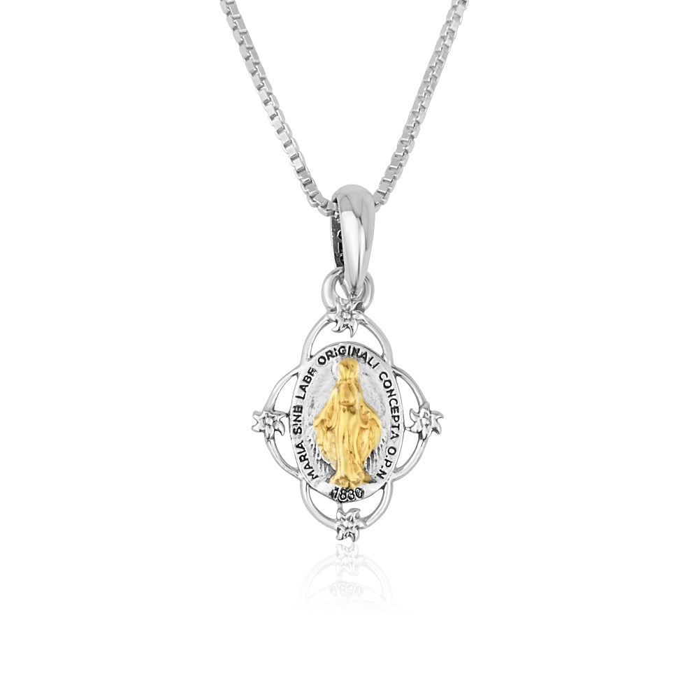 Two-Tone Miraculous Medal Pendant Necklace in 925 Sterling Silver