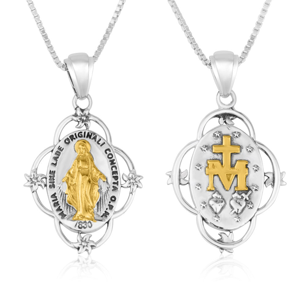 Two-tone Miraculous Medal pendant necklace in 925 sterling silver with gold accents, ornate frame, by Marina Jewelry