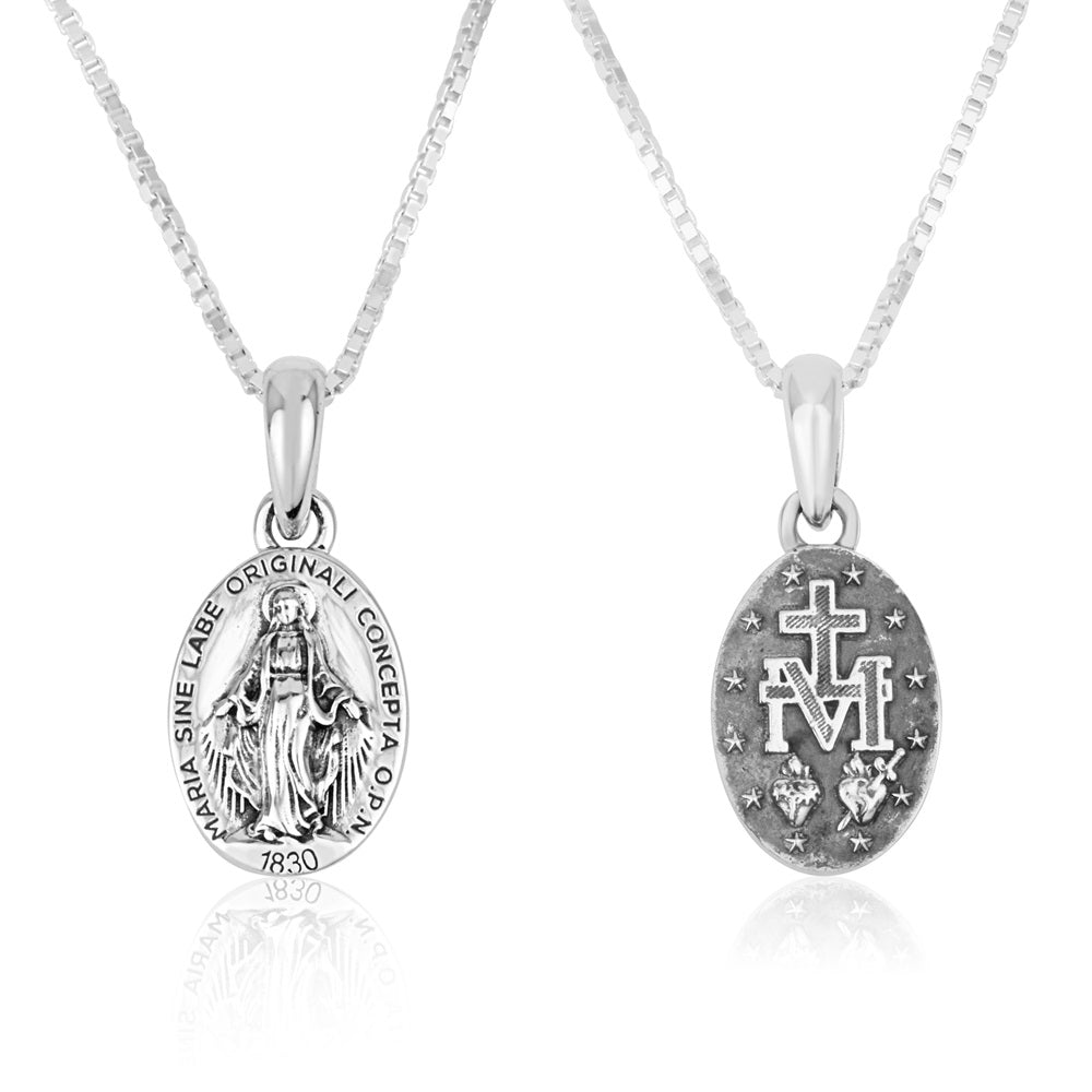Miraculous Medal pendant necklace in polished 925 sterling silver by Marina Jewelry