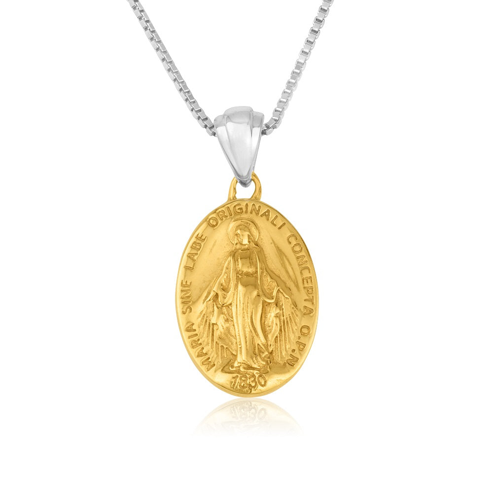 Miraculous Medal Pendant Necklace, Large Oval, Gold-Plated 925 Sterling Silver