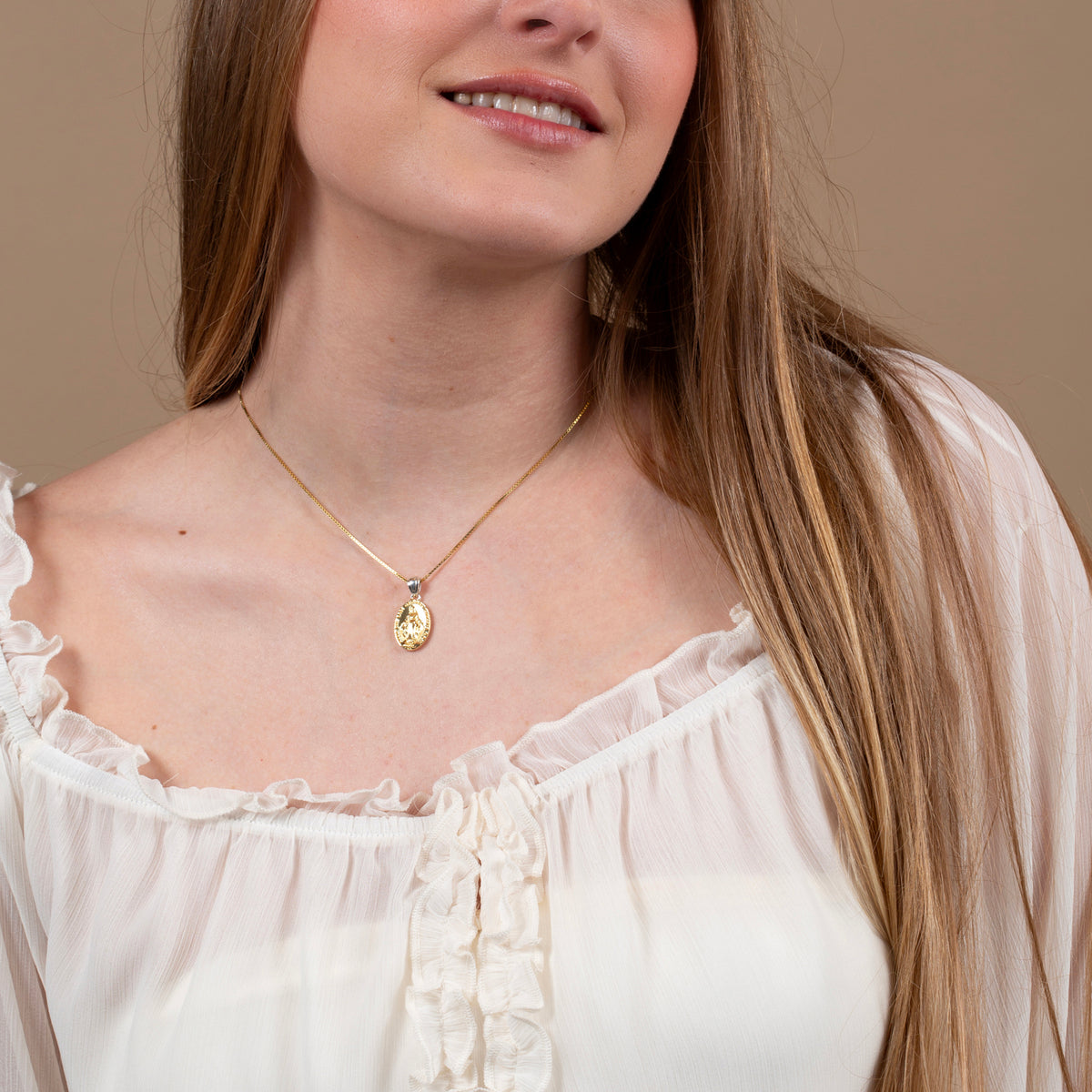 Miraculous Medal Pendant Necklace, Large Oval, Gold-Plated 925 Sterling Silver – shown worn