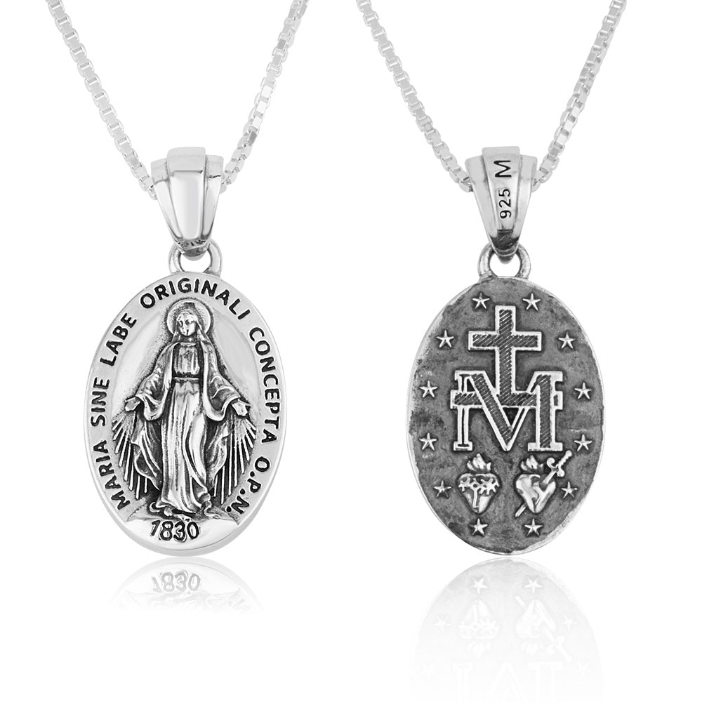 Miraculous Medal pendant necklace in oxidized 925 sterling silver by Marina Jewelry