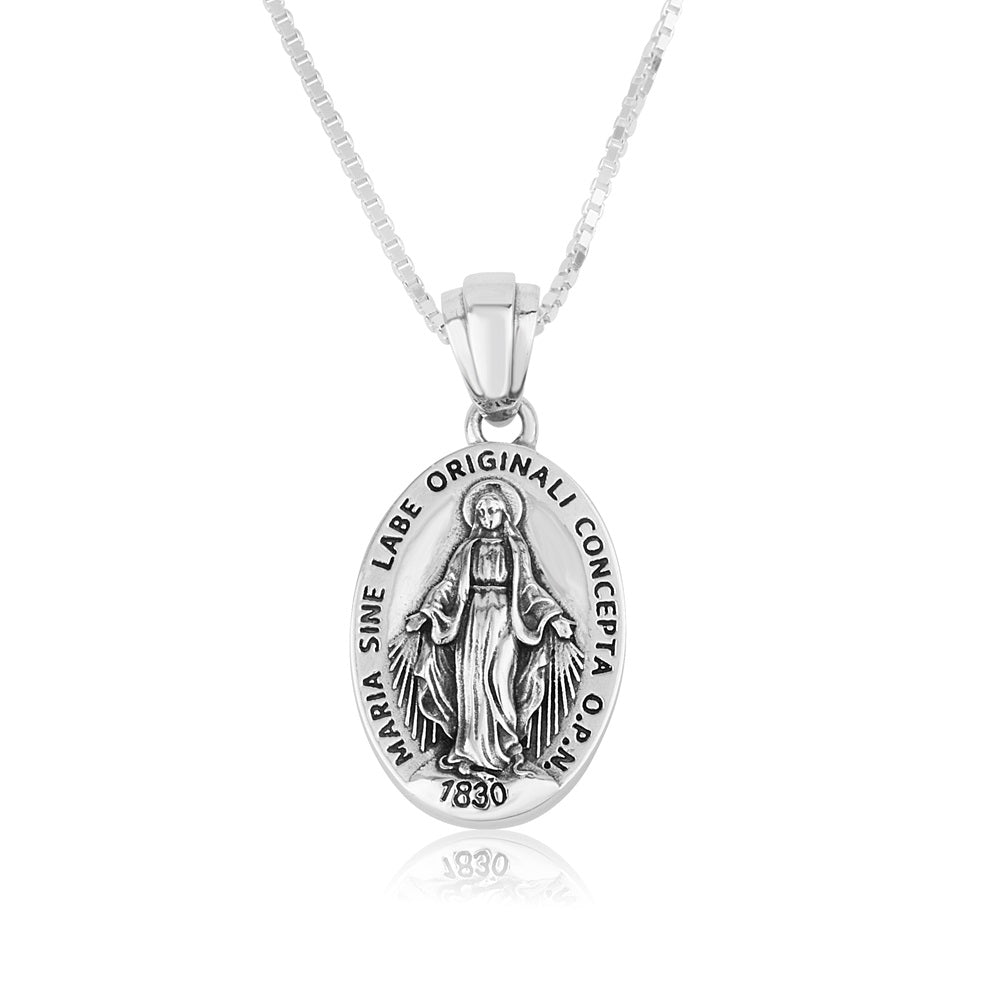 Miraculous Medal Pendant Necklace, Small Oval, Oxidized 925 Sterling Silver