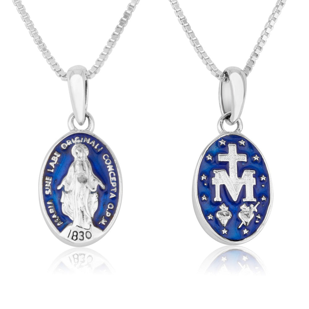 Miraculous Medal pendant necklace in 925 sterling silver with blue enamel by Marina Jewelry