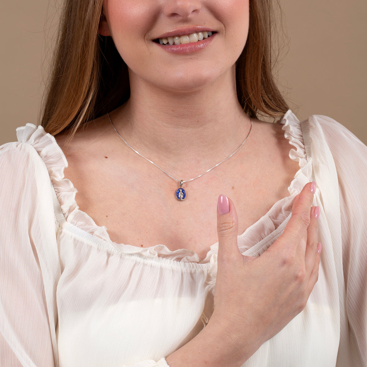 Miraculous Medal Pendant Necklace in 925 Sterling Silver with Blue Enamel – shown worn