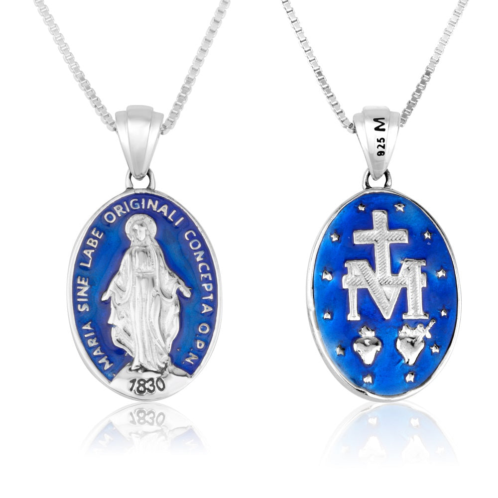 Miraculous Medal blue enamel pendant necklace in 925 sterling silver by Marina Jewelry