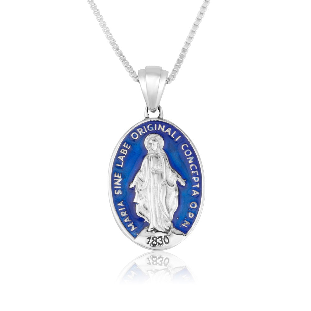Miraculous Medal Pendant Necklace, Oval Blue Enamel, 925 Sterling Silver