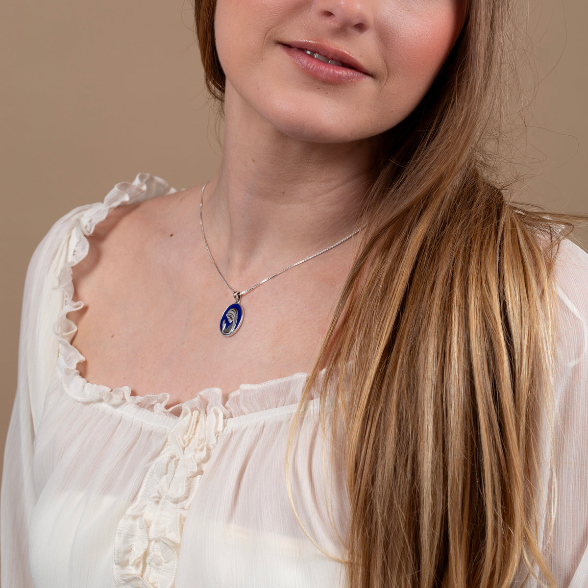 Virgin Mary Profile Pendant Necklace, Large, in 925 Sterling Silver with Blue Enamel – shown worn