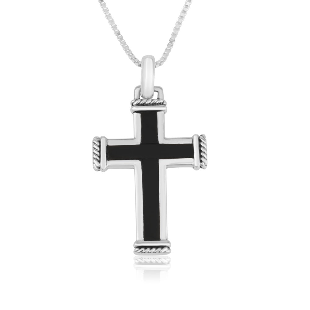 Onyx cross pendant necklace with rope ends in 925 sterling silver by Marina Jewelry
