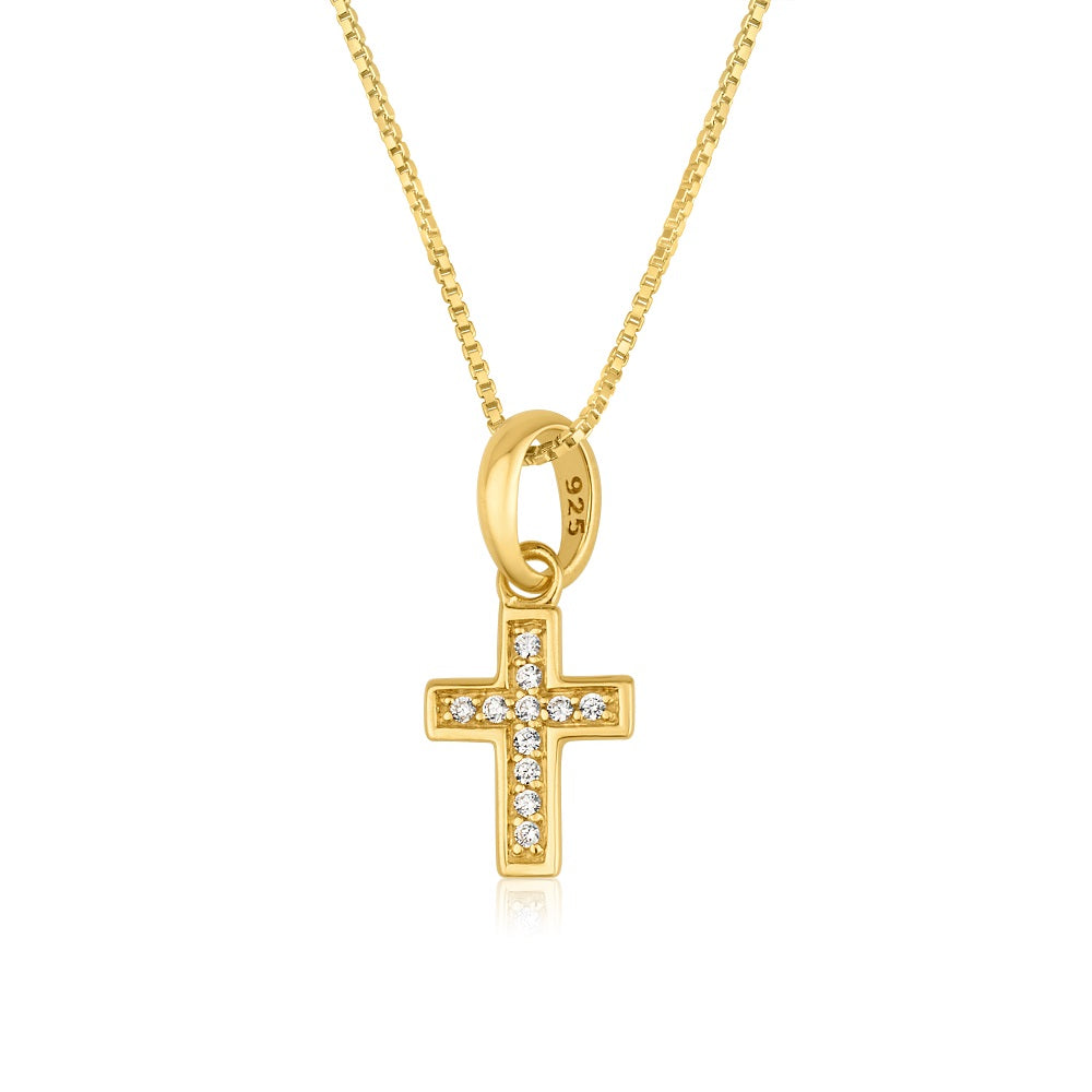 Cubic zirconia pave cross pendant necklace in gold-plated 925 sterling silver by Marina Jewelry
