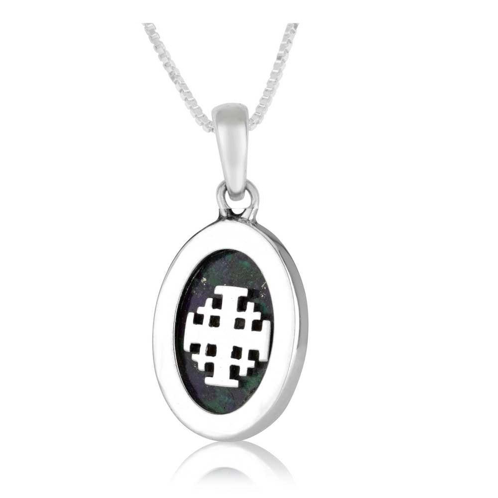 Jerusalem Cross Eilat stone oval pendant necklace in 925 sterling silver by Marina Jewelry