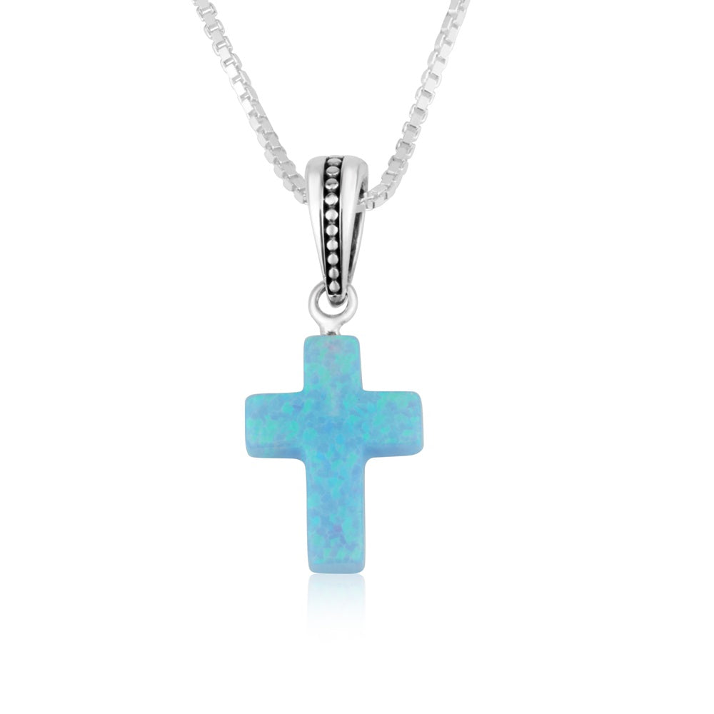 Blue opal Latin cross pendant necklace in 925 sterling silver by Marina Jewelry