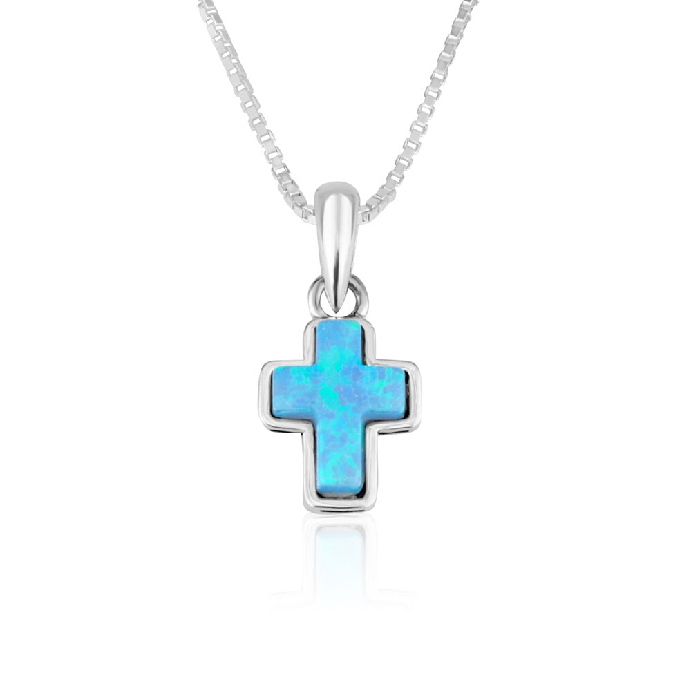 Mini blue opal cross pendant necklace in 925 sterling silver by Marina Jewelry